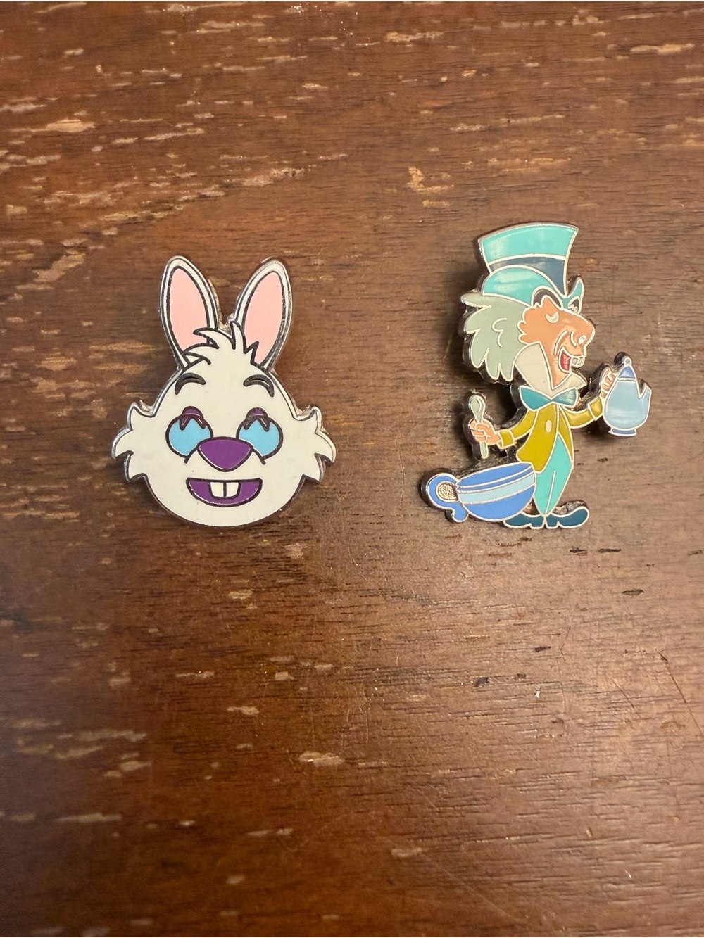 Disney White Bunny & Teal Purple Pink Mad Hatter Enamel Brooch Set